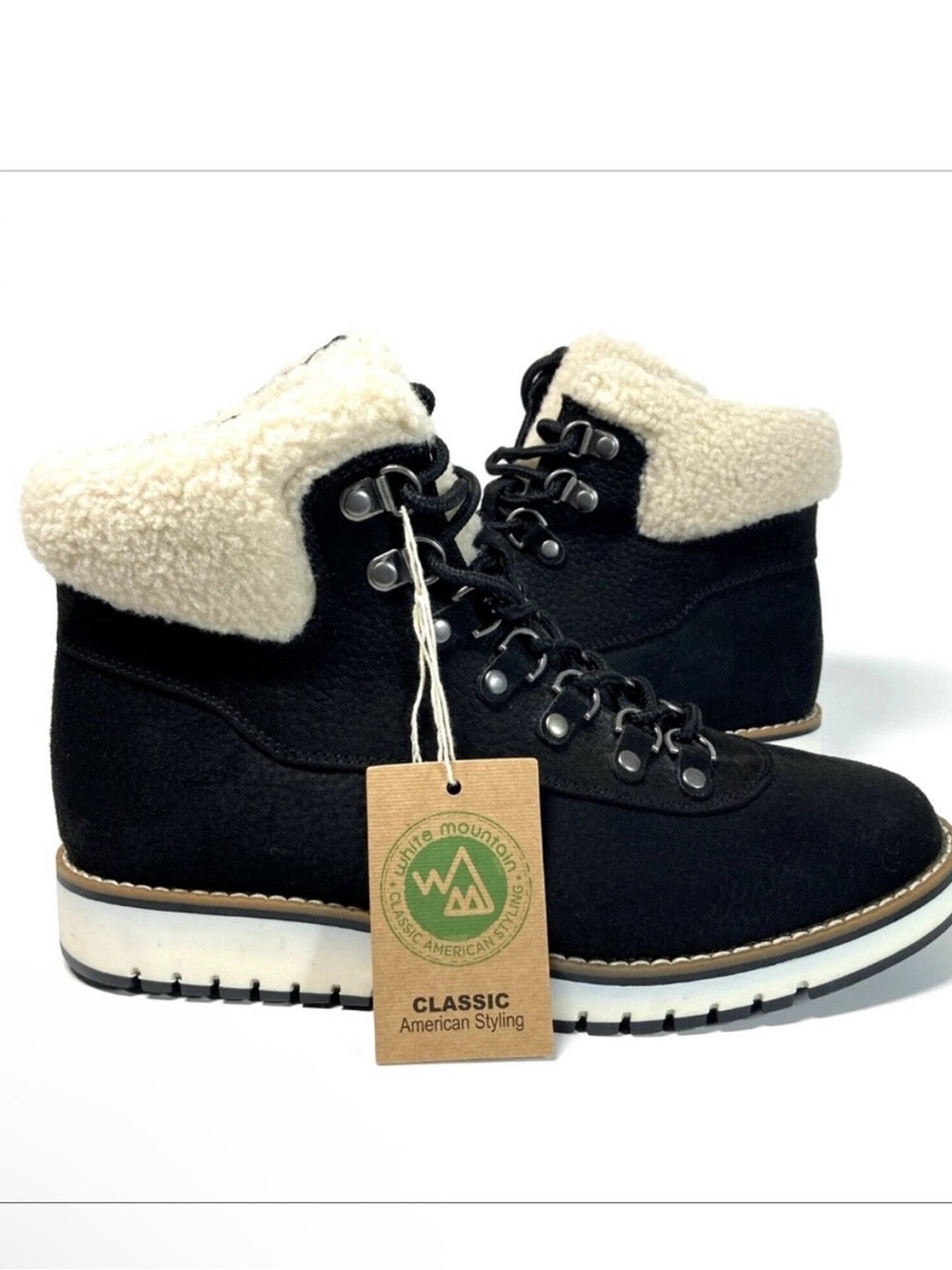 White Mountain 7.5 hiking boots Cozy black vegan suede faux sherpa lining